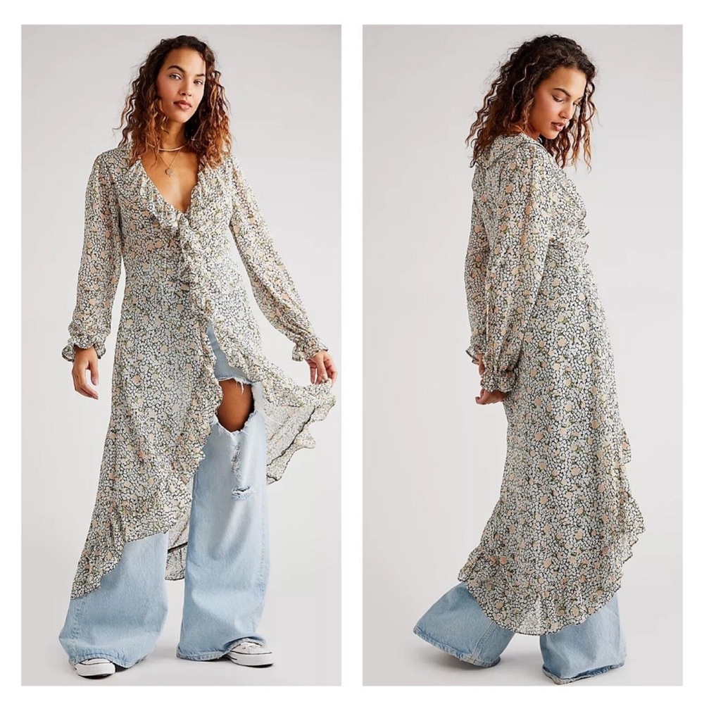 Free People Sheer Floral Midi Dress Tunic Top Gigi Ruffle High Low Hem